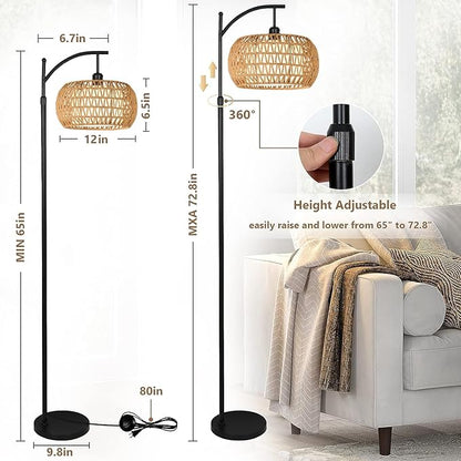 Arc Rattan Floor Lamp for Living Room with 3 Color Temperatures,Farmhouse Floor Lamps with Remote & Dimmable Bulb,Boho Standing Lamp with Wicker Shades,Adjustable Tall Lamp for Bedroom Office Reading