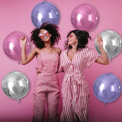 Pink Purple Silver Round Foil Balloons 9 pcs,Metallic Giant 4D Round Balloons 22 Inch for Birthday Baby Shower Wedding Princess Party Decorations