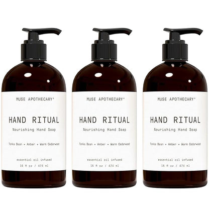 Muse Apothecary Hand Ritual - Aromatic and Nourishing Hand Soap, Infused with Aromatherapy Essential Oils - USDA Certified Biobased - 16 oz, Tonka Bean + Amber + Warm Cedarwood, 3 Pack