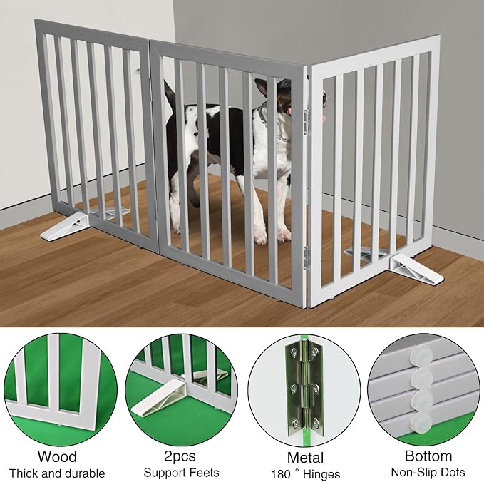 Dog Gate Indoor, Freestanding Dog Fence for The House, Doorways, Hallways,or Stairs,Pet Gate Foldable Wooden,Expandable 24" Height 3 Panels,Grey