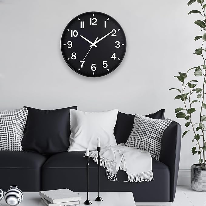 HZDHCLH Black Wall Clocks Battery Operated 12 inch Silent Non Ticking Modern Wall Clock for Living Room Bedroom Kitchen Office Decor