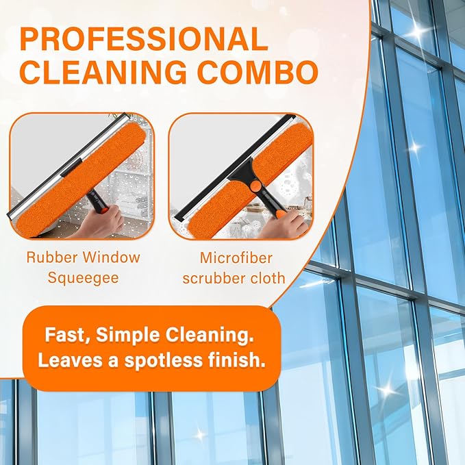 30FT Telescoping Window Cleaning Kit with 14" Squeegee - 2-in-1 Professional Window Scrubber & Extension Pole - Extra Long High-Reach Glass Cleaner Tool for Indoor & Outdoor High Windows, RV