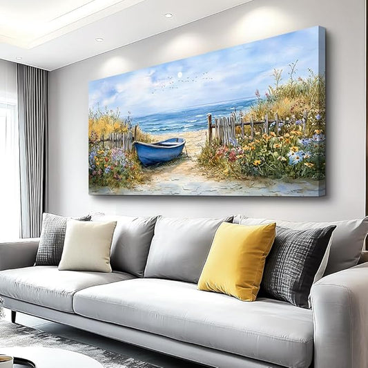 QIYILEXWART Large Wall Decor For Living Room Canvas Wall Art For Office Modern Wall Decorations For Bedroom Sea Side Boat Landscape Painting Farmhouse Pictures Artwork Room Home Decor 24x48 In