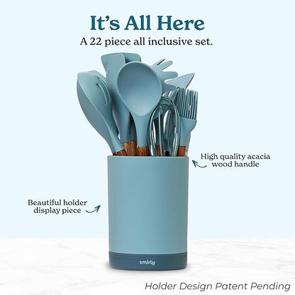 Silicone Kitchen Utensils Set & Holder: Cooking Utensils Set - Kitchen Essentials for New Home & 1st Apartment- Silicone Spatula Set, Cooking Spoons for Nonstick Cookware (Acacia Wood, Blue)