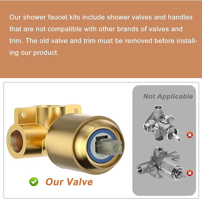 HUCKLE Shower Head, 8-Inch Gold Shower Faucet with Valve, Single-Handle Rainfall Shower Trim Kit, Matte Black Shower Fixtures for Bathroom