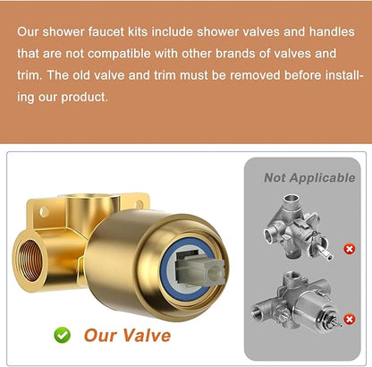 HUCKLE Shower Head, 8-Inch Gold Shower Faucet with Valve, Single-Handle Rainfall Shower Trim Kit, Matte Black Shower Fixtures for Bathroom