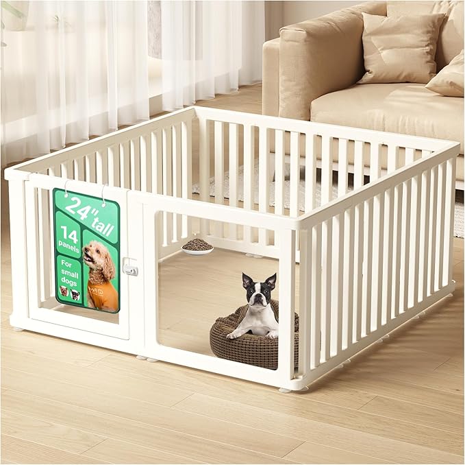 Transparent 14-Panel Dog Playpen, Acrylic Indoor/Outdoor Puppy Pen for Small & Medium Dogs, 24 Inch with Door, White(Ventilated Design 50 * 50 Single Room,24 inch)