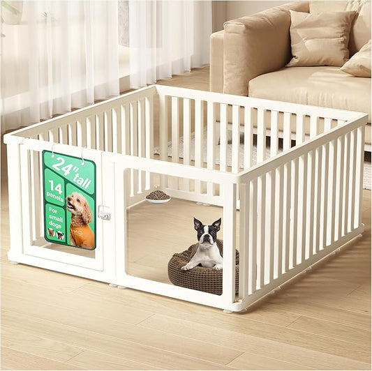Transparent 14-Panel Dog Playpen, Acrylic Indoor/Outdoor Puppy Pen for Small & Medium Dogs, 24 Inch with Door, White(Ventilated Design 50 * 50 Single Room,24 inch)