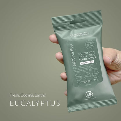 Noshinku Eucalyptus Hand Sanitizer Wipes, 3-Pack (45 Towelettes) – Resealable Travel Wipes with Ethyl Alcohol, Aloe & Green Tea, Plant-Based Fiber, Essential Oil Scents, Cruelty-Free & No Dyes