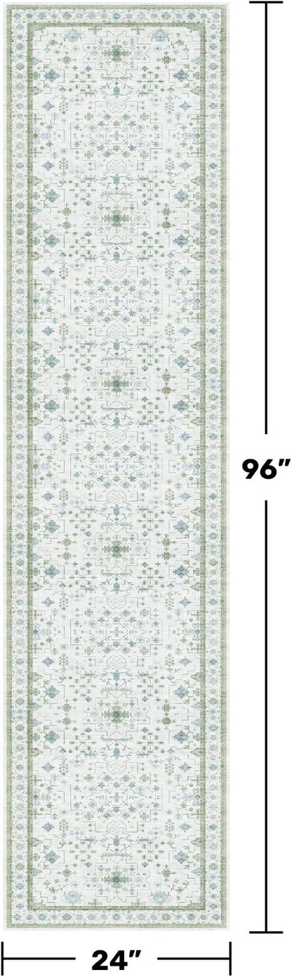 Washable Oushak 2x8 Bathroom Runner Rug - Vintage Turkish Floral 8ft Long Low Pile Non Slip Runners for Kitchen, Hallway - Cream Blue and Green