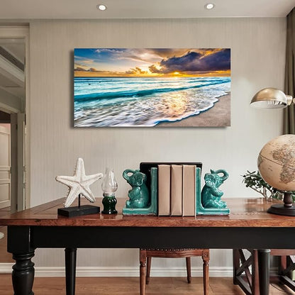 Beach Canvas Wall Art Seascape Theme Pictures Home Decor Blue Ocean White Wave Sunset Prints Painting for Living Room Bathroom Bedroom Kitchen Office Decorations Natural Landscape Artwork 28x57 inches