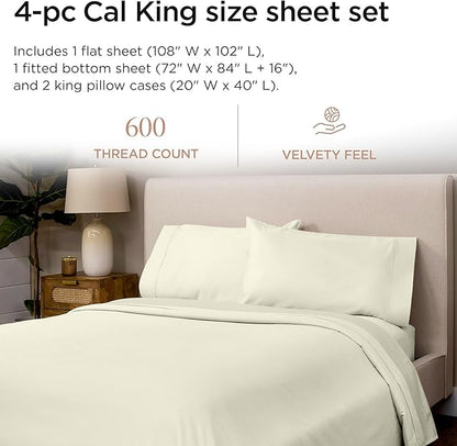 Threadmill 100% Cotton Sheets for Cal King Size Bed - 600 Thread Count Cal King Bed Sheets Set with 16” Deep Pocket - Sateen Weave 4-Piece Bedding Set with Cooling Effect, Ivory