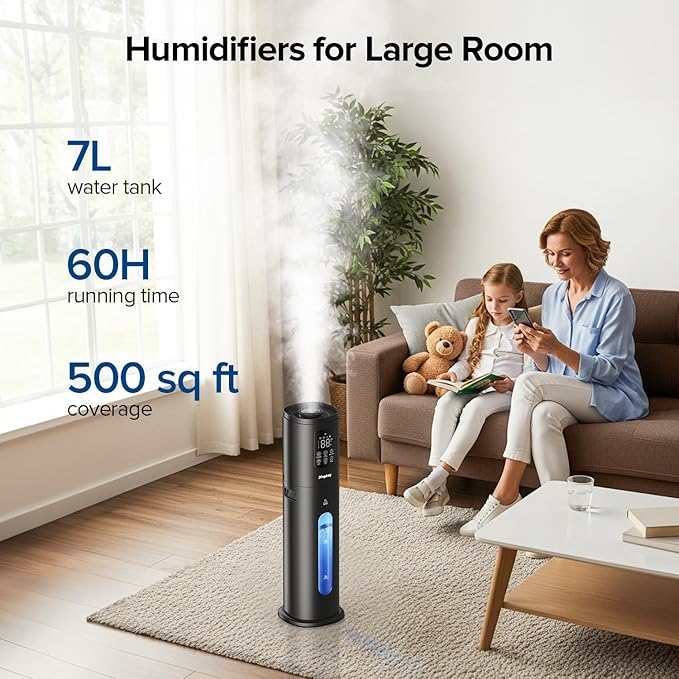 Humidifiers for Bedroom Large Room with 7L/1.85Gal Quiet Humidifiers, Smart App & Remote Control, 4 Mist Levels Cool Mist Humidifier for Home & Office
