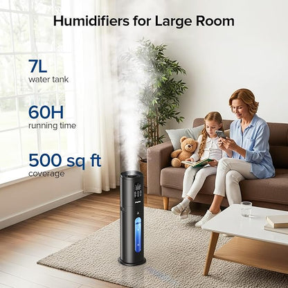 Humidifiers for Bedroom Large Room with 7L/1.85Gal Quiet Humidifiers, Smart App & Remote Control, 4 Mist Levels Cool Mist Humidifier for Home & Office