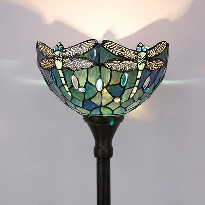 Tiffany Floor Lamp Torchiere Stained Glass Torch Lamp 12X12X67 Inch Antique Standing Corner Light (Dark Blue Dragonfly)