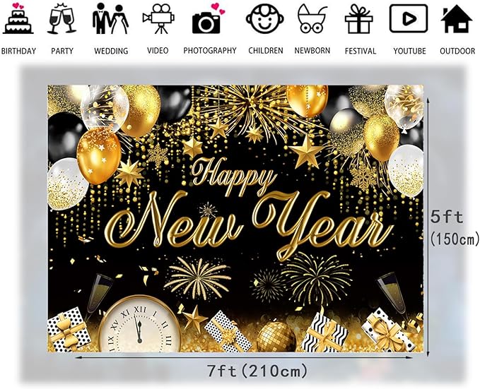 LTLYH 7x5ft Happy New Year Eve Backdrop 2026 New Year Banner Decorations Background New Years NYE Dec Holiday Gatherings Portrait Photo Booth Prop