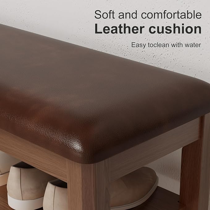 Wood Shoe Rack Bench for Entryway, Shoe Rack for Front Door Entrance with Leather Cushion, 2 Tier Shoe Bench with Shoe Storage for Entryway, Bedroom.