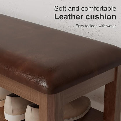 Wood Shoe Rack Bench for Entryway, Shoe Rack for Front Door Entrance with Leather Cushion, 2 Tier Shoe Bench with Shoe Storage for Entryway, Bedroom.