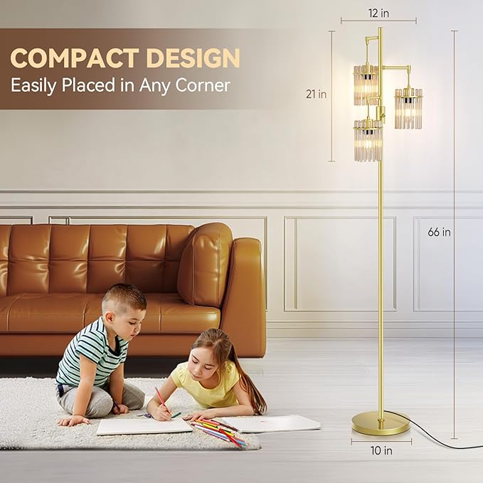 Industrial Modern Floor Lamps for Living Room, Dimmable Glass Tree Standing Tall Lamps with 3 Elegant Teardrop Cage Head & 800 Lumens LED Bulbs for Bedroom Office (65inch Tall)