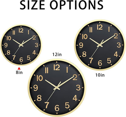 Wall Clocks Battery Operated 8 inch Modern Wall Clock,Silent Non Ticking Wall Clock for Living Room Bedroom Kitchen Office Classroom Decor (Black Gold)
