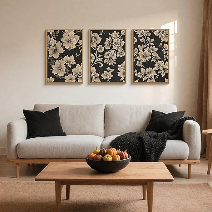 Large Vintage Floral Framed Canvas Wall Art Set,Mid Century Modern Flower Wall Decor,Neutral Wildflower Art Prints,Retro Botanical Plant Artwork for Living Room,Dining Room,Office-16 x24 x3