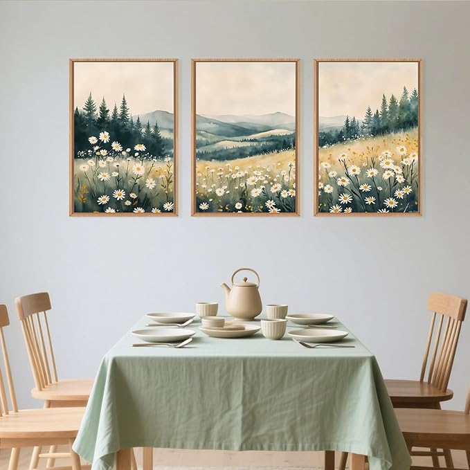Large Misty Mountain Framed Canvas Wall Art,Nature Daisy Flower Wall Decor,Modern Foggy Forest Wall Painting,Abstract Woodland Landscape Artwork for Living Room,Bedroom,Dining Room-16"x24"x3