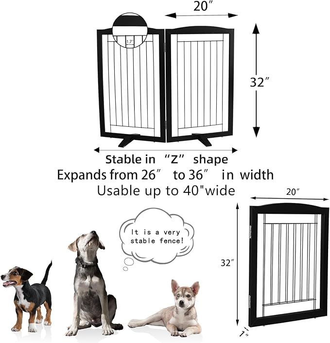 ZJSF Freestanding Dog Fence Indoor, Foldable Dog Gate for Doorways, Stairs or Hallways, Sturdy Wood Extra Wide Pet Gate with Support Feet for The House, Black, 32 "Height-2 Panels