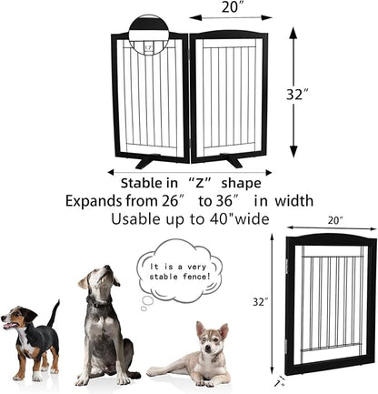 ZJSF Freestanding Dog Fence Indoor, Foldable Dog Gate for Doorways, Stairs or Hallways, Sturdy Wood Extra Wide Pet Gate with Support Feet for The House, Black, 32 "Height-2 Panels