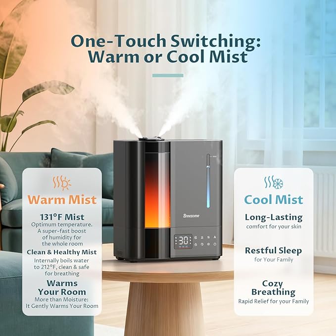 BREEZOME 8L Humidifiers for Bedroom, Smart Warm & Cool Mist for Large Room Home, Top Fill Ultrasonic Humidifier, Humidity Sensor, Essential Oil, 65H Runtime, Quiet for Baby, Plants, Fast Relief