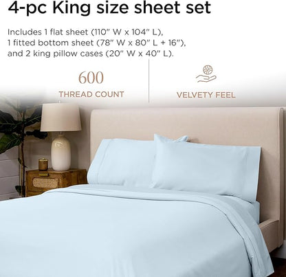 Threadmill 100% Cotton Sheets for King Size Bed - 600 Thread Count King Bed Sheets Set with 16” Deep Pocket - Sateen Weave 4-Piece Bedding Set with Cooling Effect, Blue