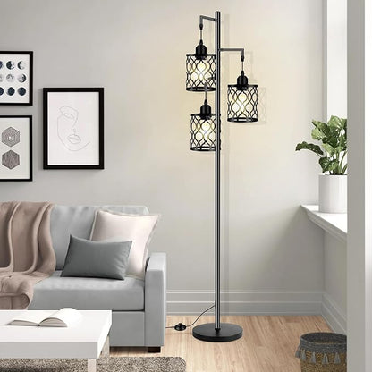 Industrial Floor Lamp, Metal Farmhouse Floor Lamp for Living Room, Rustic Standing Tall Lamps with 3 Elegant Cage Heads, Tree Floor Lamps for Bedrooms, Home Office, Bar, 68", Black, Bulb Not Included