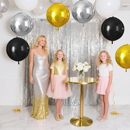 Black Gold Silver Round Foil Balloons 9 pcs,Metallic Giant 4D Round Balloons 22 Inch for Birthday Wedding Baby Shower Graduation Party Decoration