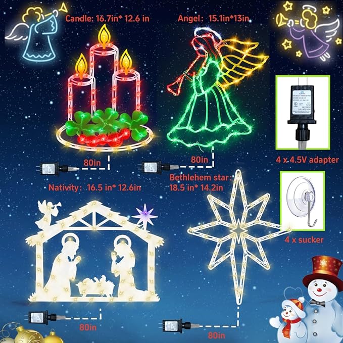 Christmas Decorations - 16" Christmas Window Silhouette Lights Decorations - 4 Pack Colour Lighted Angel ＆ Bethlehem Star ＆ Nativity ＆ Candle for Holiday Wall Door Window Decorate