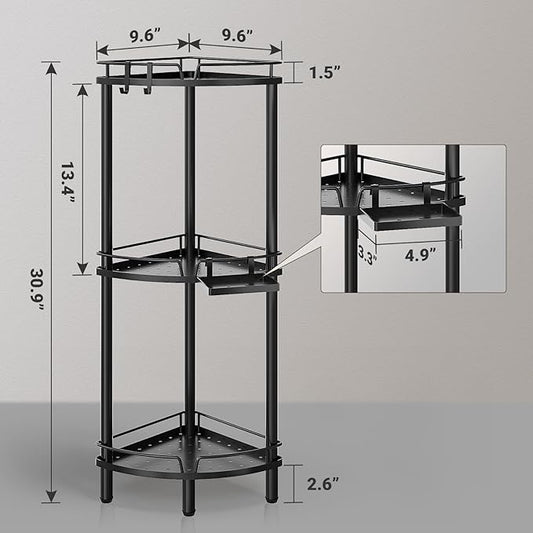 ELYKEN Corner Shower Caddy Standing, 3 Tier Rustproof Metal Shower Organizer with Soap Holder, Floor Shower Corner Shelf Rack Storage Stands with Adjustable Feet & 2 Hooks for Bathroom, Black