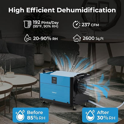 COSTWAY 192 PPD Commercial Dehumidifier, 2600 Sq.Ft Crawl Space Dehumidifier with 9.8 FT Drain Hose & Wired Remote Control Panel, Ideal for Basement, Warehouse, Job Site (Blue)