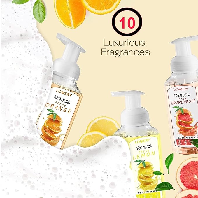 Foaming Hand Soap Pack of 10 - Moisturizing Hand Soap with Aloe Vera and Essential Oils - Alcohol-Free Hand Wash in Citrus Blend, Lemon, Orange, Lime, Grapefruit, Black Cherry Fragrances & More, Scented Hand Wash for Kitchen or Bathroom