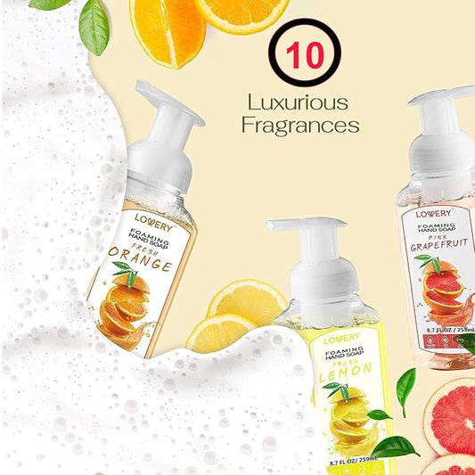 Foaming Hand Soap Pack of 10 - Moisturizing Hand Soap with Aloe Vera and Essential Oils - Alcohol-Free Hand Wash in Citrus Blend, Lemon, Orange, Lime, Grapefruit, Black Cherry Fragrances & More, Scented Hand Wash for Kitchen or Bathroom