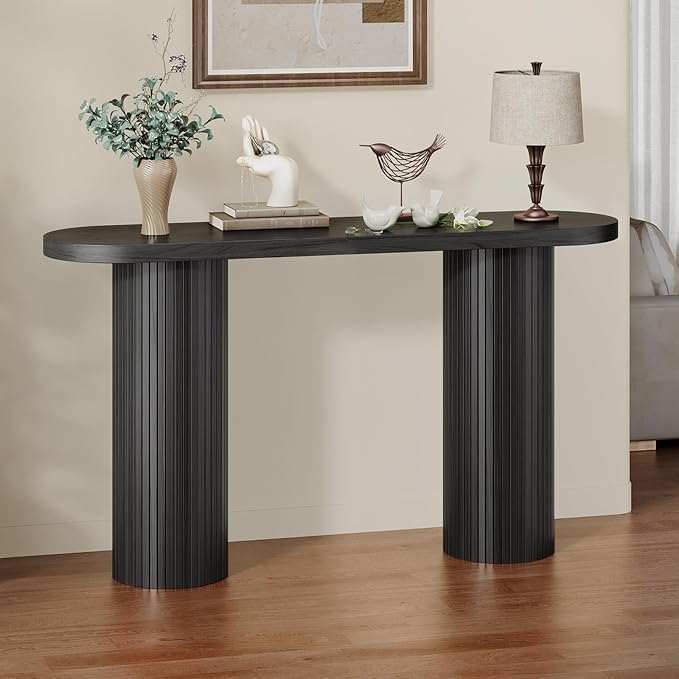 55 Inch Console Table, Fluted Entryway Table, Mid-Century Modern Sofa Table Behind The Couch, Hallway Tables, Curved Sofa Stand for Hallway, Living Room, Foyer Black
