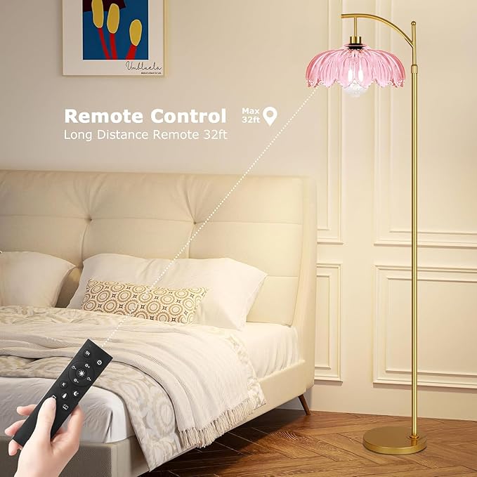 Floor Lamp for Living Room,Bedroom,Gold Dimmable Standing Lamp with Remote,Mid Century Modern Brass Tall Lamp Retro Vintage Pink Glass Lamp Floor Light Boho Bohemian