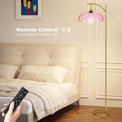 Floor Lamp for Living Room,Bedroom,Gold Dimmable Standing Lamp with Remote,Mid Century Modern Brass Tall Lamp Retro Vintage Pink Glass Lamp Floor Light Boho Bohemian