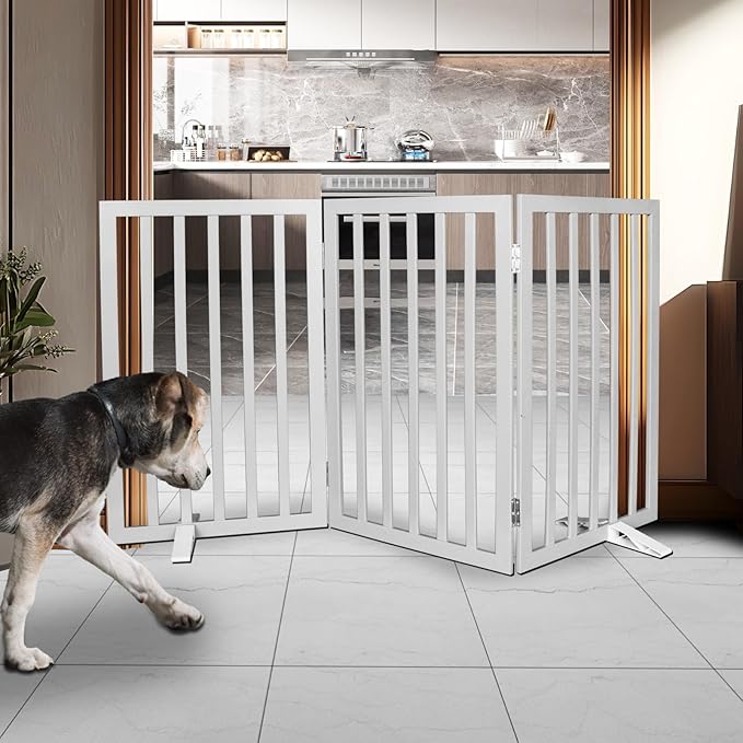 Dog Gate Indoor, Freestanding Dog Fence for The House, Doorways, Hallways,or Stairs,Pet Gate Foldable Wooden,Expandable 32" Height 3 Panels,Grey