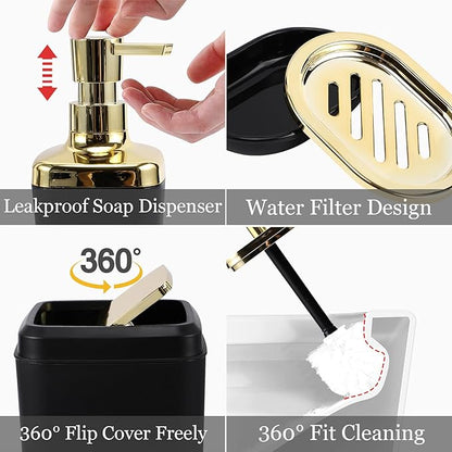 Bathroom Set - Black Bathroom Accessories Set, Bathroom Sets with Shower Curtain and Rugs, 24PC Shower Curtain Set with Hooks, Soap Dispenser, Soap Dish, Toilet Brush Holder and Trash Can