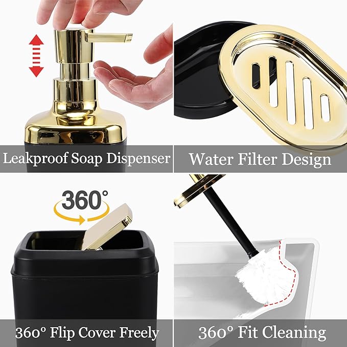 Bathroom Accessories Set - Black Bathroom Set, 9PC Bathroom Accessory Set with Trash Can, Toilet Brush, Qtip Holder Dispenser & Soap
