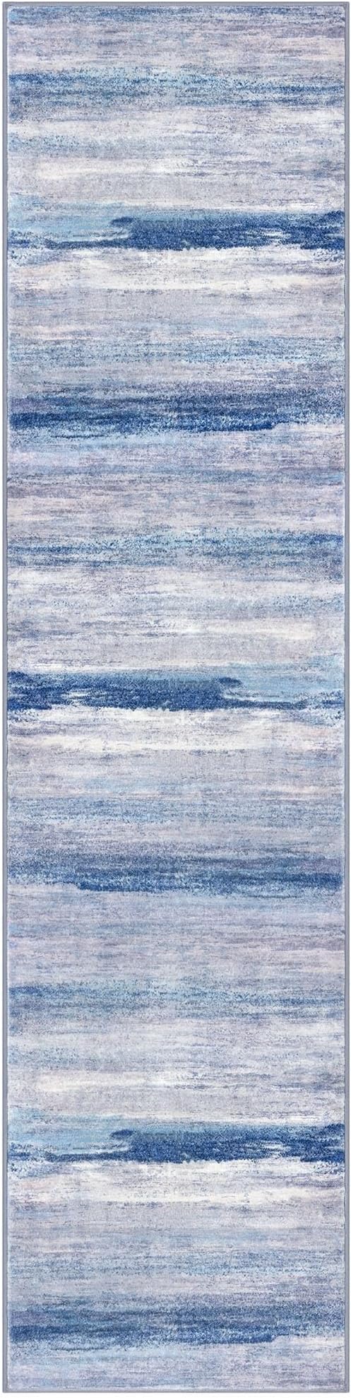 KOZYFLY Modern Abstract Hallway Runner Rug, 2x8 Washable Rug Runner Non-Slip Soft Striped Kitchen Runner Rugs, Print Blue/Grey/Beige Carpet Runner for Entryway Bathroom Laundry Room Foyer