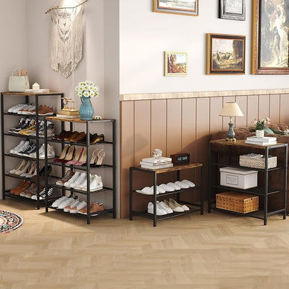 HOMEFORT 4-Tier Shoe Rack Organizer, Shoe Tower for Closet, Shoe Storage Shelf with MDF Top Board, Each Tier Fits 3 Pairs of Shoes, Entryway Shoes Organizer with Sturdy Metal Shelves, Rustic Brown