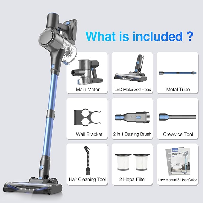 Zefiro Cordless Vacuum Cleaner for Home,450W /40Kpa Stick Vacuum with 50Mins Working Time, Anti-Tangle 1.5L Dust Cup, Rechargeable Wireless Handheld Vacuum for Pet Hair/Carpet/Floor,C10