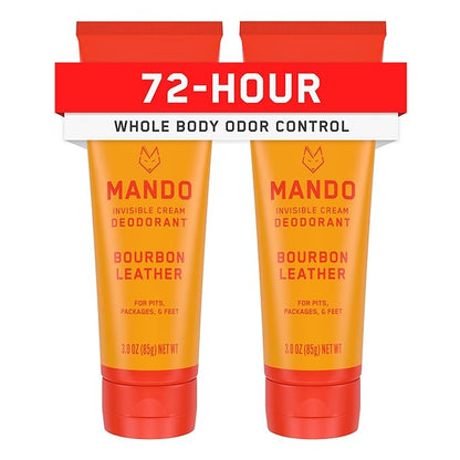 Mando Whole Body Deodorant For Men - Invisible Cream - 72 Hour Odor Control - Aluminum Free, Baking Soda Free, Skin Safe - 3 Ounce Tube (Pack of 2) - Bourbon Leather