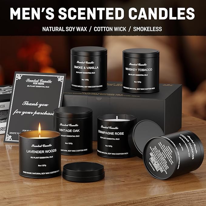 Men Scented Candle Set | Gifts for Men Aromatherapy Candles | 6 Pack Fragrances Black Tin Jar Candles | Scented Candle for Home,Work,Party | Manly Soy Candle Gifts for Boyfriend,Farther and Christmas