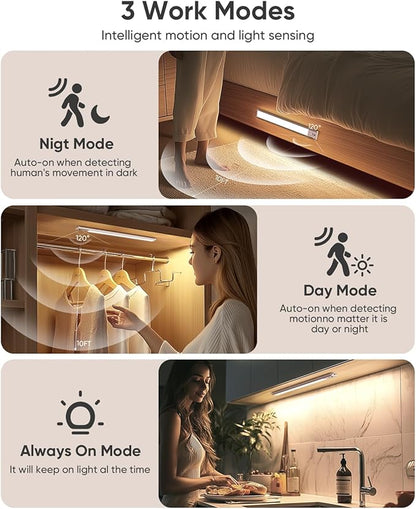 Under Cabinet Lighting Wireless, 2200mAh Rechargeable Battery Operated Motion Sensor Light Indoor, 3 Color Temps Under Counter Light, Dimmable Wireless Closet Lights w/Remote for Kitchen,Pantry,4 Pack