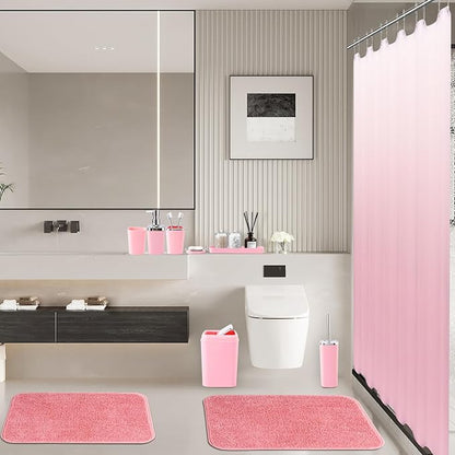 Bathroom Accessory Set–Bathroom Sets with Shower Curtain and Rugs, Non Slip Bathroom Rugs Super Absorbent, Pink Ombre Waterproof Shower Curtain with Hooks, Pink Bathroom Sets Complete for Home